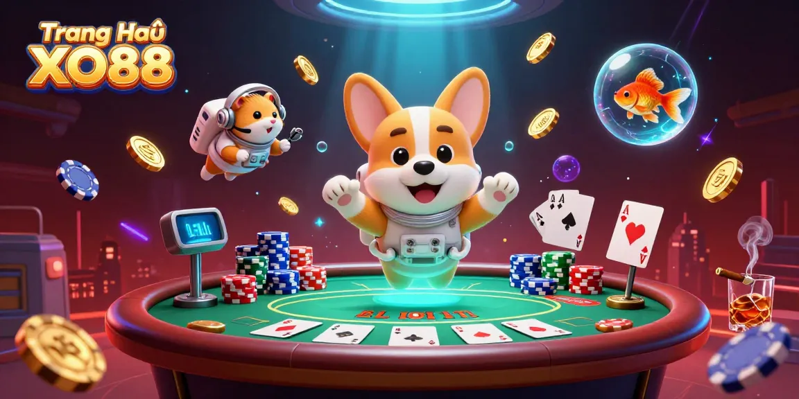 Engage with Trang Chủ XO88's thrilling casino experience amidst floating poker chips and a vibrant environment.