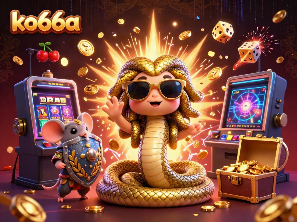 Experience the thrill of ko66a with colorful casino games and dynamic characters in a vibrant 3D scene.