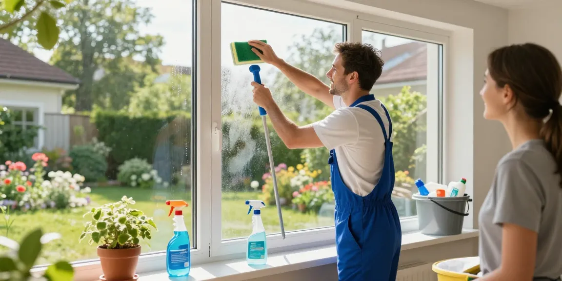 Professional fensterreinigung solothurn showcasing bright windows and happy cleaner at work.