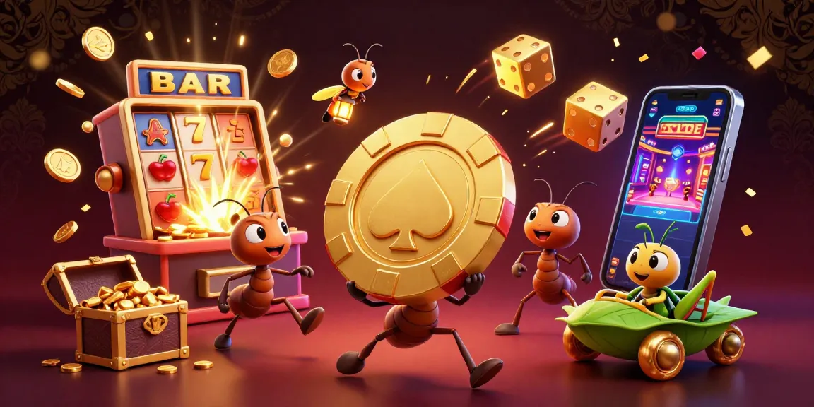 c168 ants heist for golden poker chip in a vibrant casino scene filled with excitement