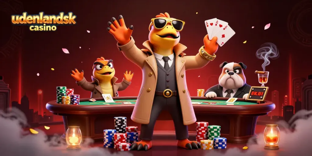 Experience the excitement at an udenlandsk casino with raptors in a trench coat sneaking into a VIP lounge.