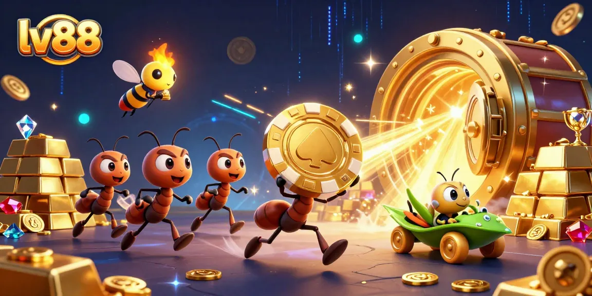 lv88 ants executing a casino heist with golden poker chips and treasure, showcasing dynamic gaming action.