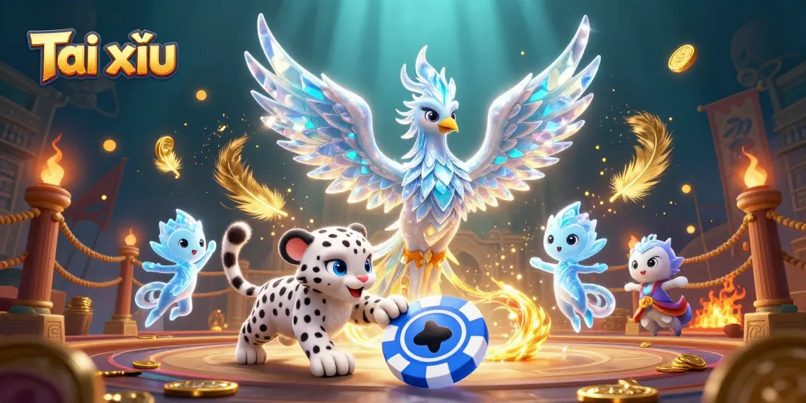 Engage in Tài xỉu with glowing ice sprites and a crystalline phoenix in this dynamic casino scene.