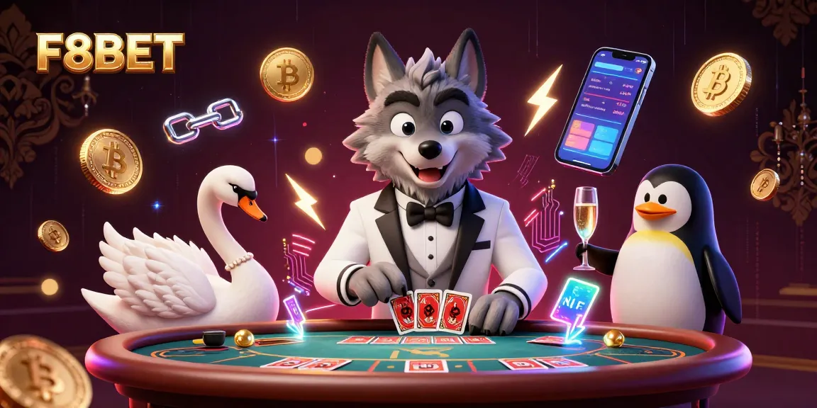 Engage with F8BET through an exciting illustrated scene of baccarat and crypto elements.