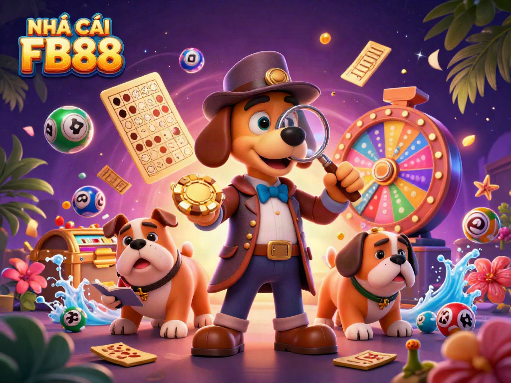 Experience thrilling gaming action at NHÀ CÁI FB88 with colorful elements and engaging characters in a vibrant casino setting.