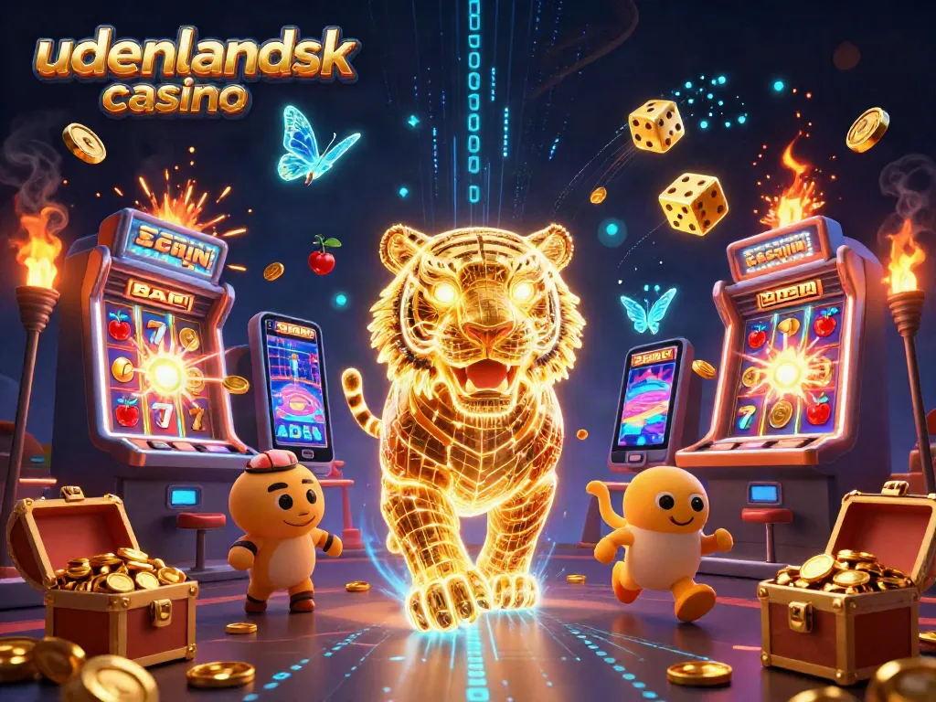 Experience excitement with udenlandsk casino featuring vibrant 3D scenes of slot machines and a golden tiger.