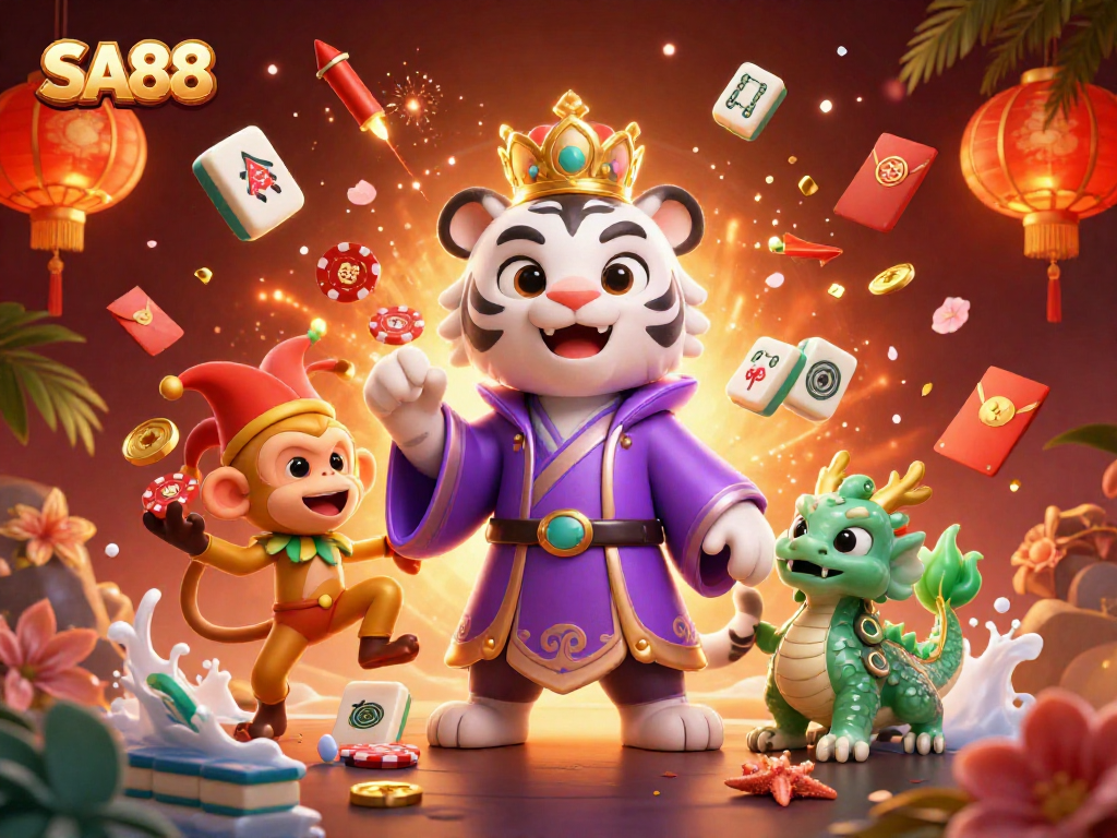 Engaging slot games at SA88 with a cartoon tiger and playful monkey celebrating wins.