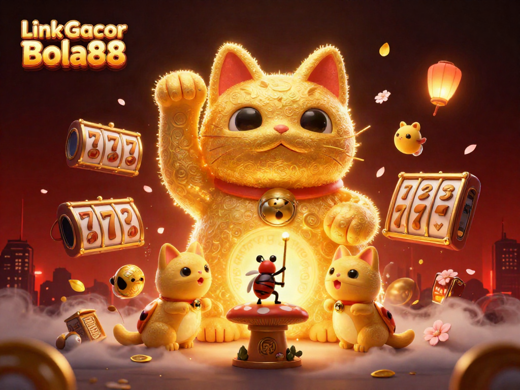 Experience thrilling gameplay with Link Gacor Bola88, featuring exciting slot symbols and lucky cat design.