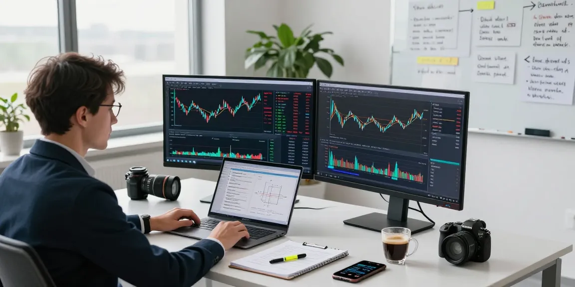 Krypto Studien Analysen in modernem Büro mit Analyst an mehreren Bildschirmen.
