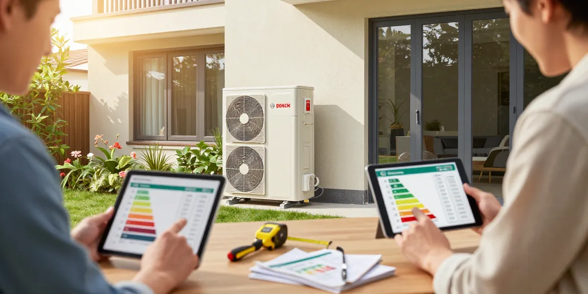 Homeowner examining energy efficiency charts near a wärmepumpe bosch in a modern residential setting.