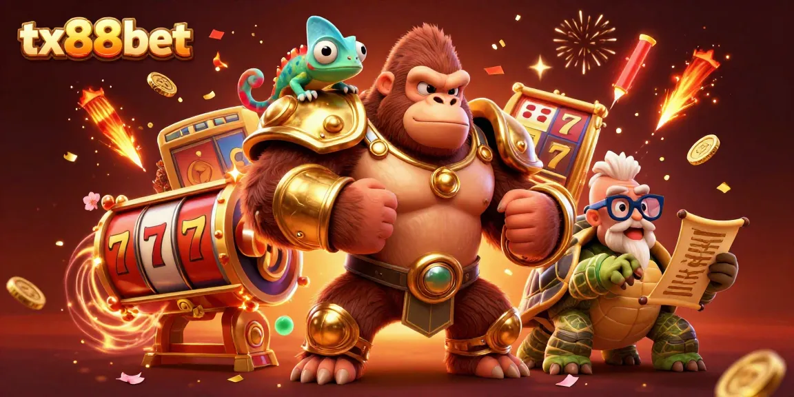 Experience thrilling gameplay at tx88bet with a vibrant casino illustration featuring a golden gorilla king, a chameleon, and a tortoise elder.