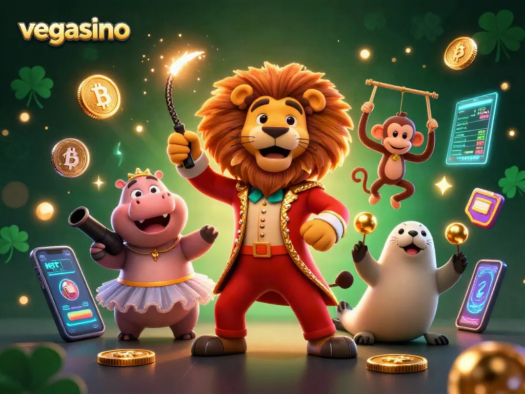 Experience vegasino through vibrant casino characters amidst glowing crypto elements.
