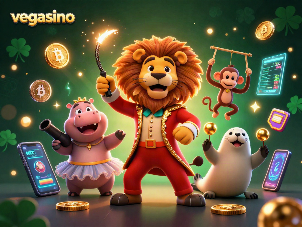 Experience vegasino through vibrant casino characters amidst glowing crypto elements.