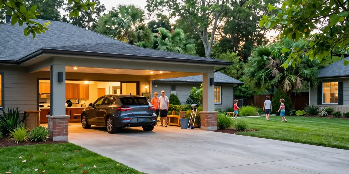 Carport in moderner Hausumgebung mit Familienauto und spielenden Kindern im Garten.