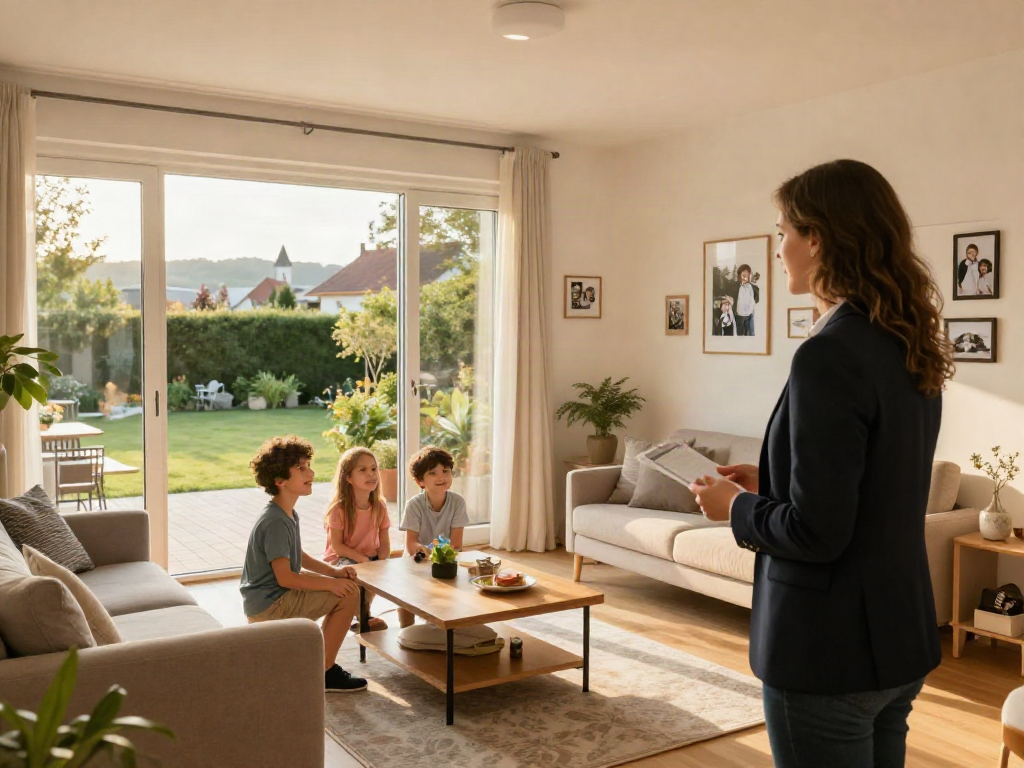 Immobilienmakler Reutlingen zeigt ein charmantes Wohnhaus mit einladendem Garten und glücklicher Familie im Gespräch.
