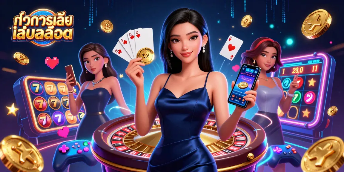 Experience ทดลองเล่นสล็อต in this vibrant 3D image featuring a confident woman in a casino setting.