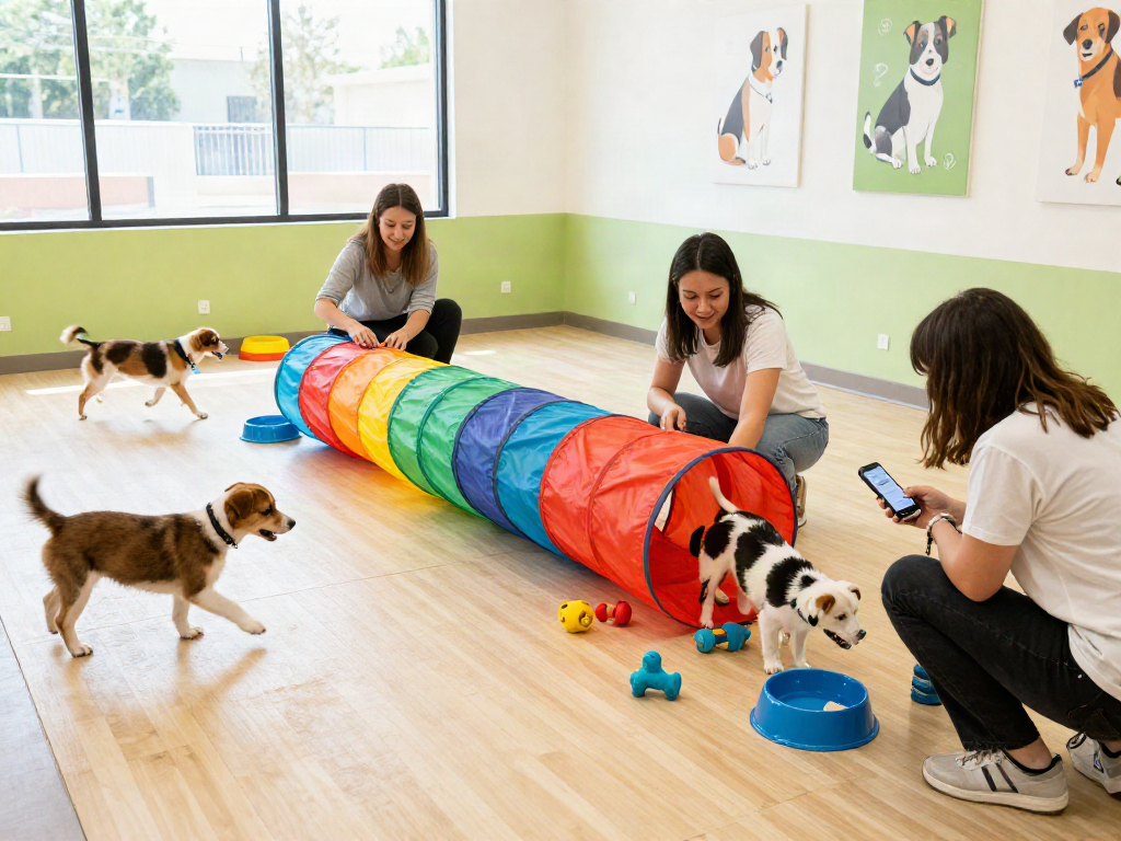 Playful dogs engaging in activities at a vibrant dog daycare featuring slot 10k options for pet care.