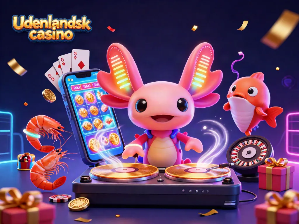 Experience the thrill of udenlandsk casino with a vibrant axolotl DJ and dynamic gaming elements.