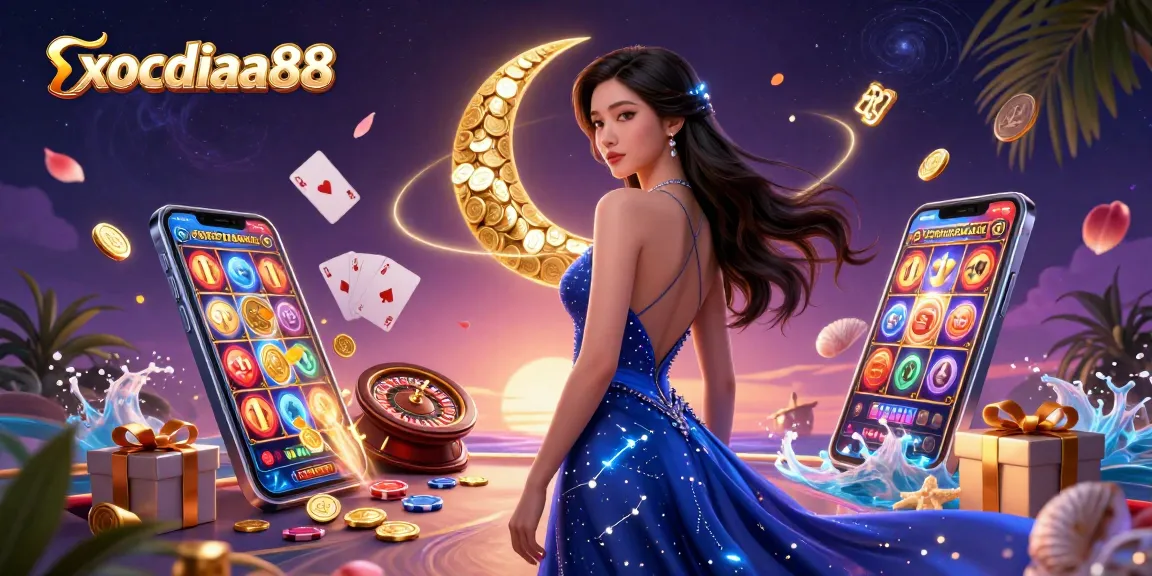 xocdiaa88 engages players with spinning reels and premium casino elements, showcasing an elegant Asian woman in a fantasy-themed scene.