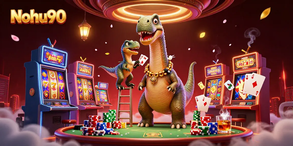 Nohu90 features a vibrant casino scene with a tall brontosaurus and clever raptor amidst colorful slot machines.