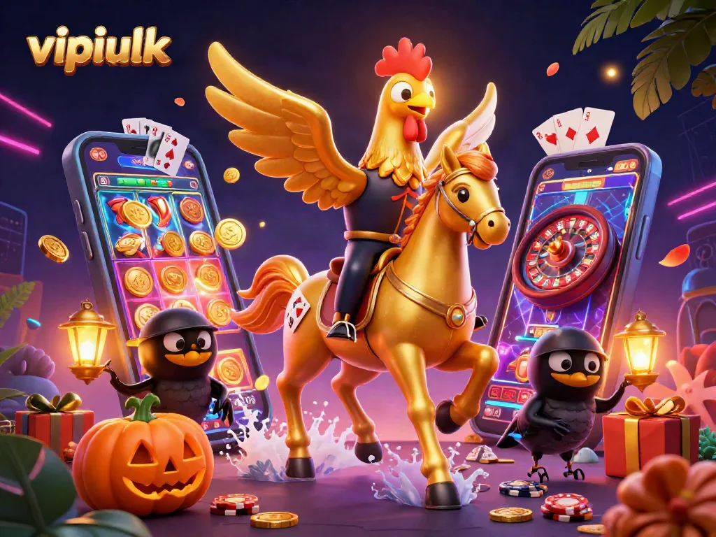 Experience vipluck's thrilling casino adventure with a golden rooster in a vibrant gaming scene.