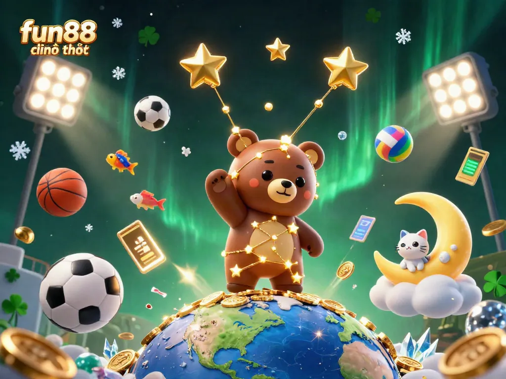 Experience the excitement of fun88 chính thức in a vibrant 3D casino universe with golden stars and dynamic elements.