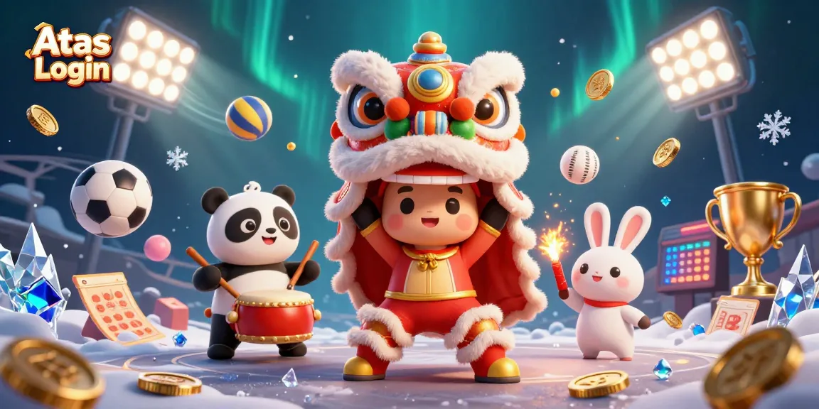 Engage in the Atas Login with fun casino-themed elements including a lion dance and vibrant sports balls.