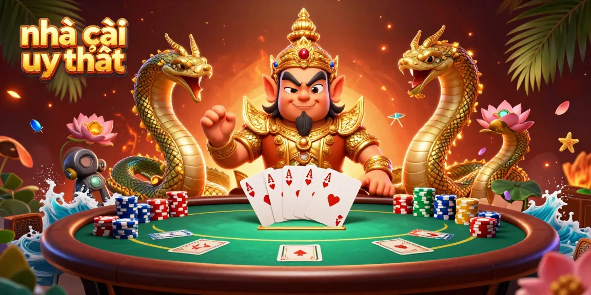Engage with nhà cái uy tín through an illustrative scene of a vibrant poker showdown, featuring dynamic characters and game elements.