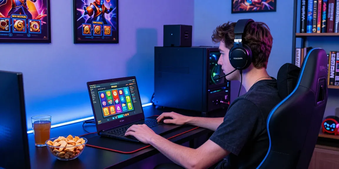 Excited gamer playing on OPPA86 platform, showcasing vibrant slot options in a lively gaming setup.