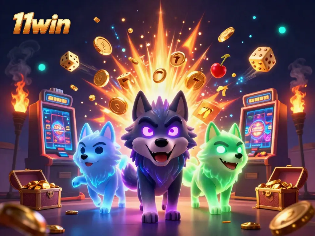 Experience thrilling wins with 11win, showcasing a vibrant jackpot explosion in a 3D casino scene.