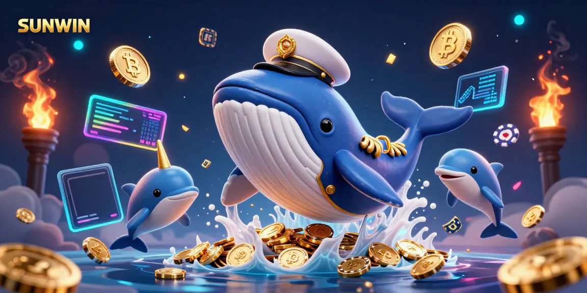 Engage with SUNWIN’s exciting gambling scene of a whimsical whale and dolphins amidst coins.
