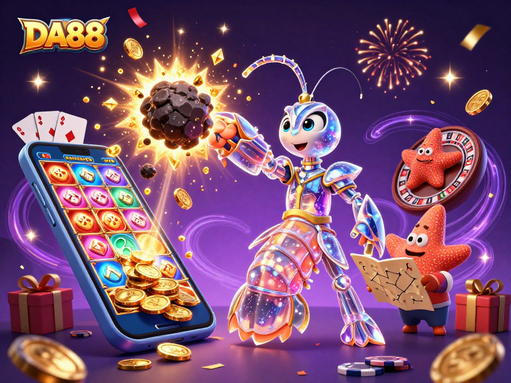 DA88 engages players with an explosive scene of excitement featuring vibrant slot games and dynamic characters.