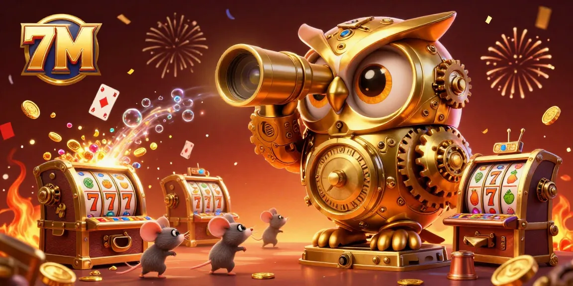 Experience thrilling wins at the 7M casino with a golden owl overseeing vibrant slot games and hidden treasures.
