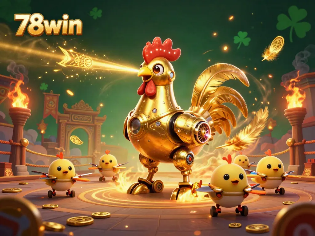 Engage in thrilling gameplay with 78win's retro-futuristic golden rooster robot and chick drones amidst dynamic casino elements.