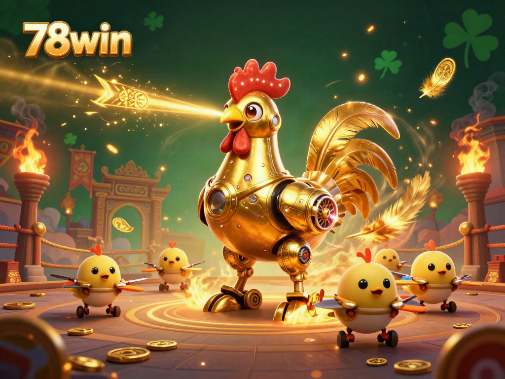 Engage in thrilling gameplay with 78win's retro-futuristic golden rooster robot and chick drones amidst dynamic casino elements.