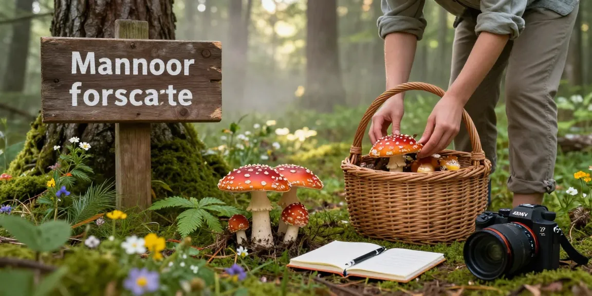 Das Sammeln von Fliegenpilz Pulver-Pilzen in einer ruhigen Waldumgebung mit lebendiger Vegetation.
