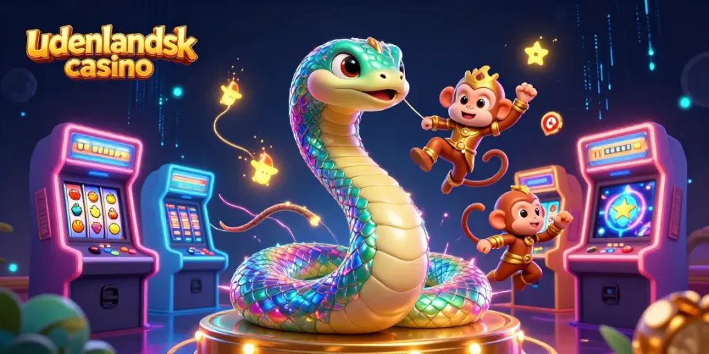 Engage in fun at an udenlandsk casino with a vibrant 3D illustration of a rainbow serpent and playful monkey.