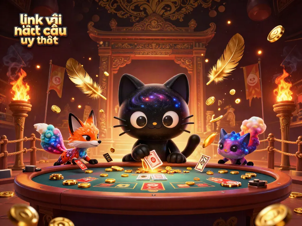 Engage with link vào nhà cái uy tín at a cosmic casino table with dynamic characters and gold tokens.