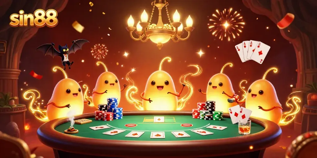 Experience thrill at sin88's vibrant casino featuring animated glowworms and a bat dealer.