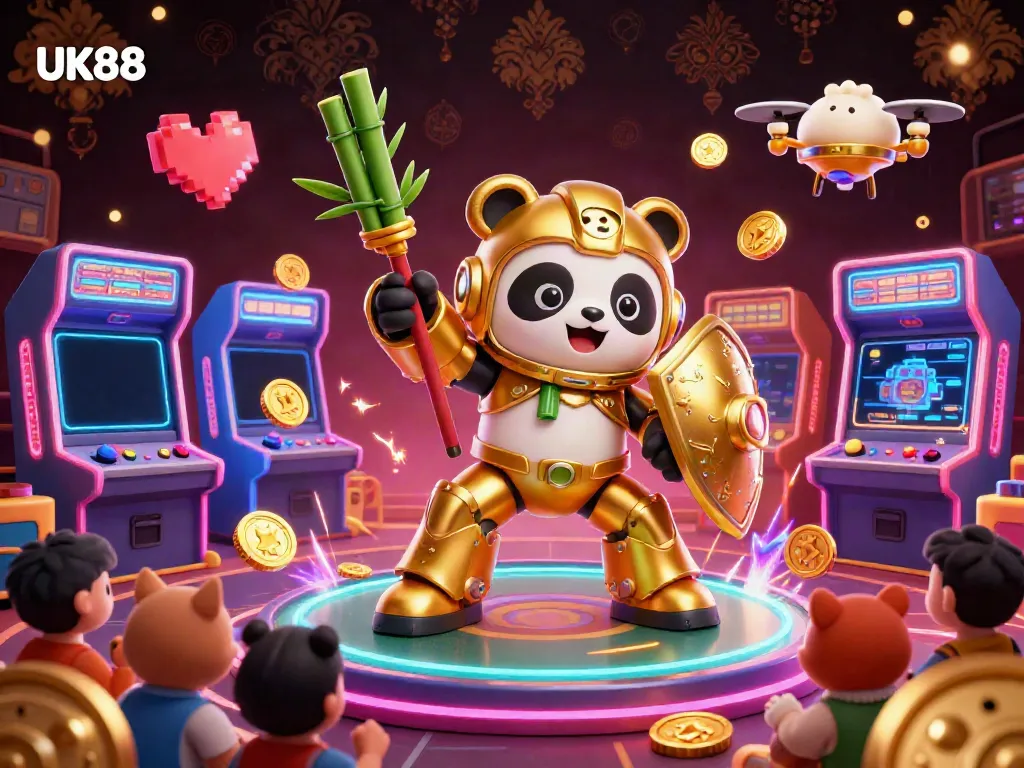 Experience the excitement of UK88 in a vibrant casino scene filled with animated characters and gaming elements.