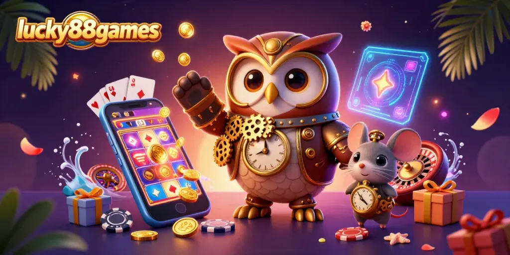 Experience exciting wins with lucky88games in a vibrant 3D casino world featuring playful characters and games.
