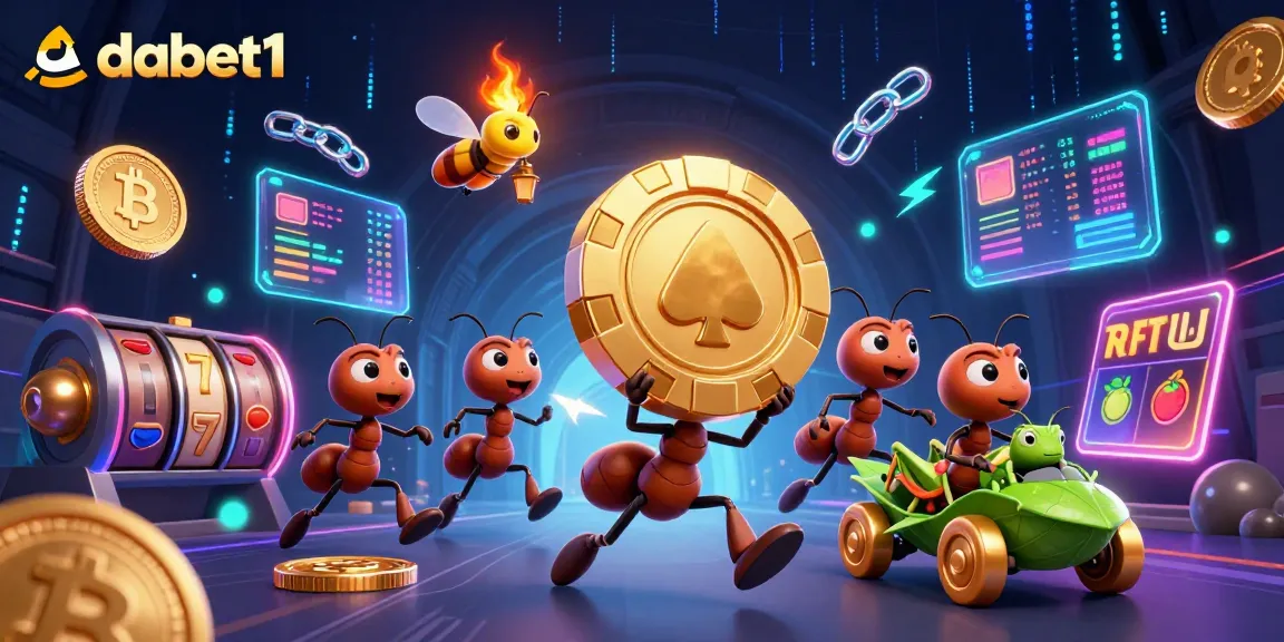 dabet1 showcases a dynamic heist scene with cartoon ants and crypto elements in a vibrant casino world.