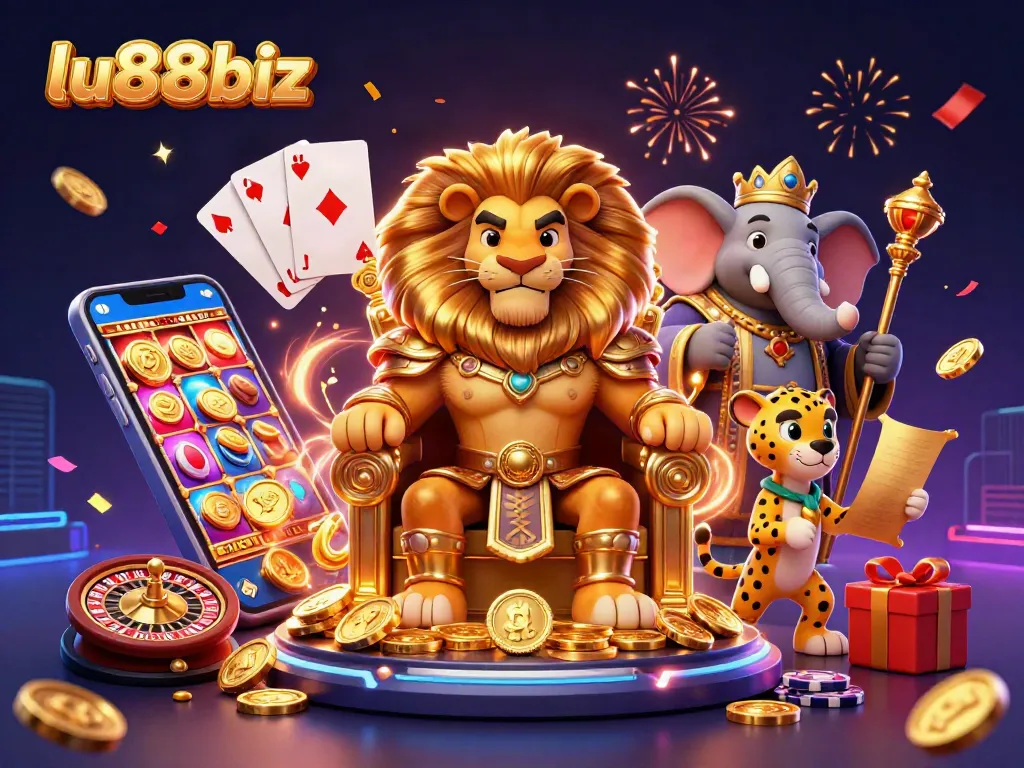 Lu88biz offers exciting gaming adventures with vibrant 3D casino illustration showcasing dynamic gambling elements.