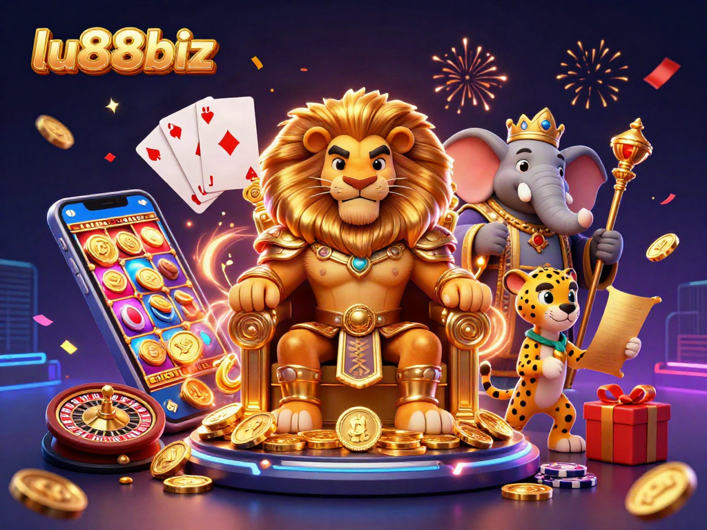 Lu88biz offers exciting gaming adventures with vibrant 3D casino illustration showcasing dynamic gambling elements.