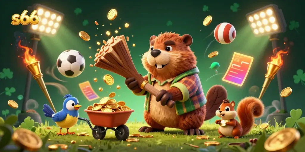 Experience thrilling gameplay with S666, where a beaver collects golden coins in a casino-themed illustration.