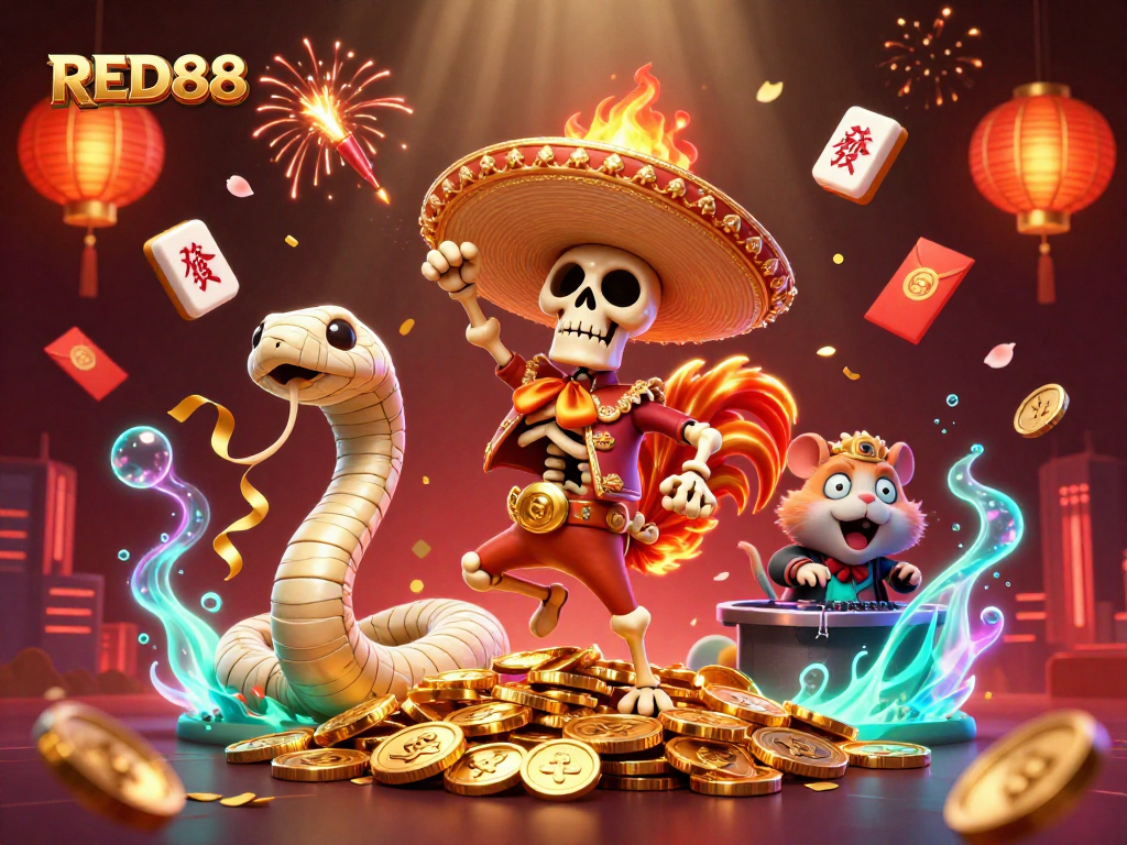 Experience thrilling action with RED88 in this vibrant casino-themed illustration.
