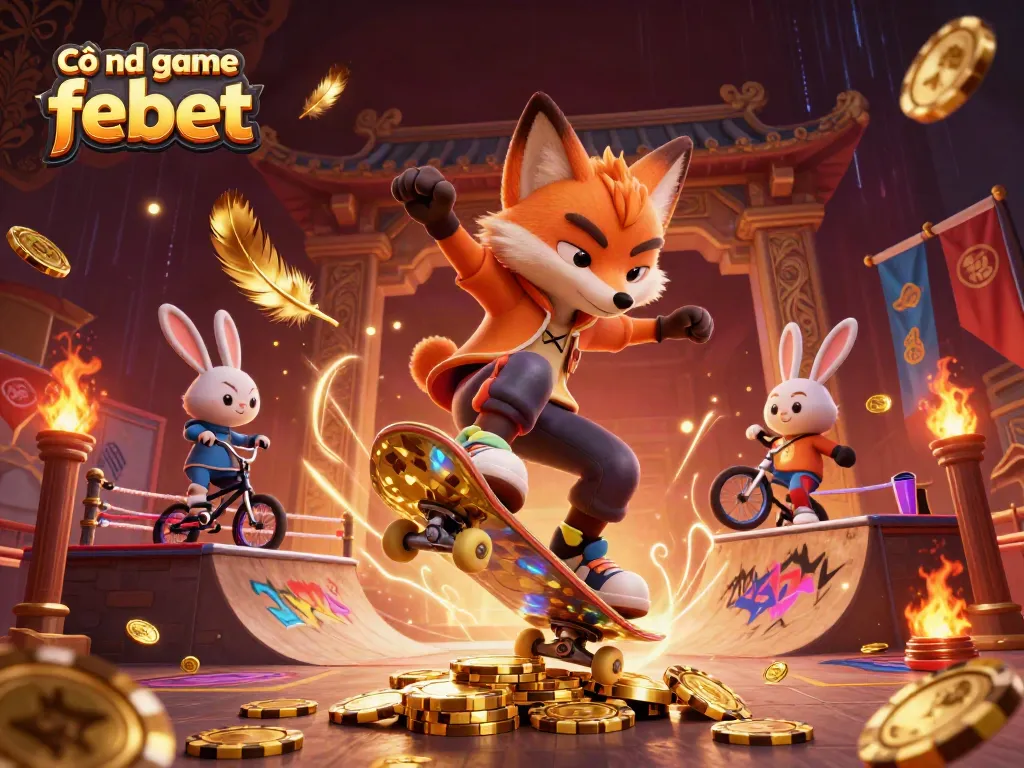Cổng game febet showcases a vibrant 3D scene with animated characters and casino elements, perfect for engaging gamblers.