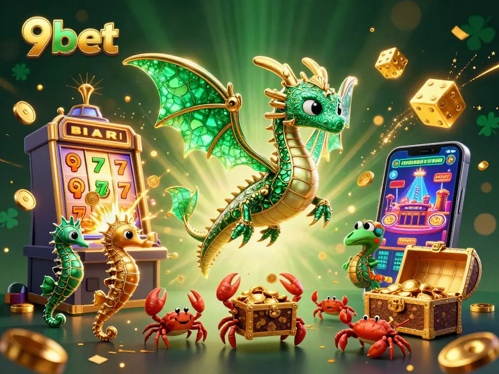 Experience thrilling wins with 9bet's vibrant casino-themed illustration showcasing dynamic gaming elements.