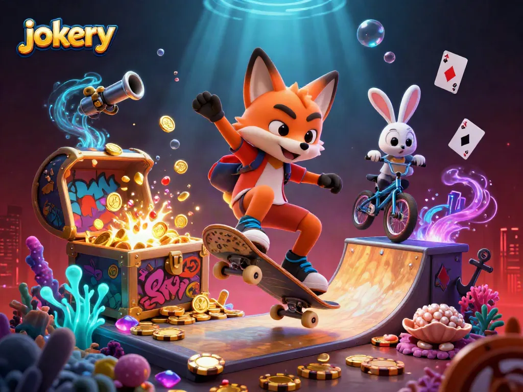 Action-packed scene depicting jokery with a skateboarder fox and BMX rabbit in a vibrant casino-themed environment.