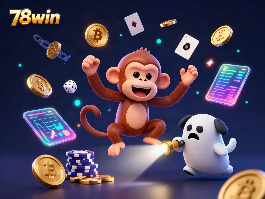 Experience thrilling gaming at 78win with the mischievous poltergeist monkey in an engaging casino scene.